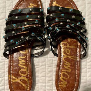 Sam Edelman | Brea Black Leather Studded Turquoise Slip On Slide Sandals 8.5